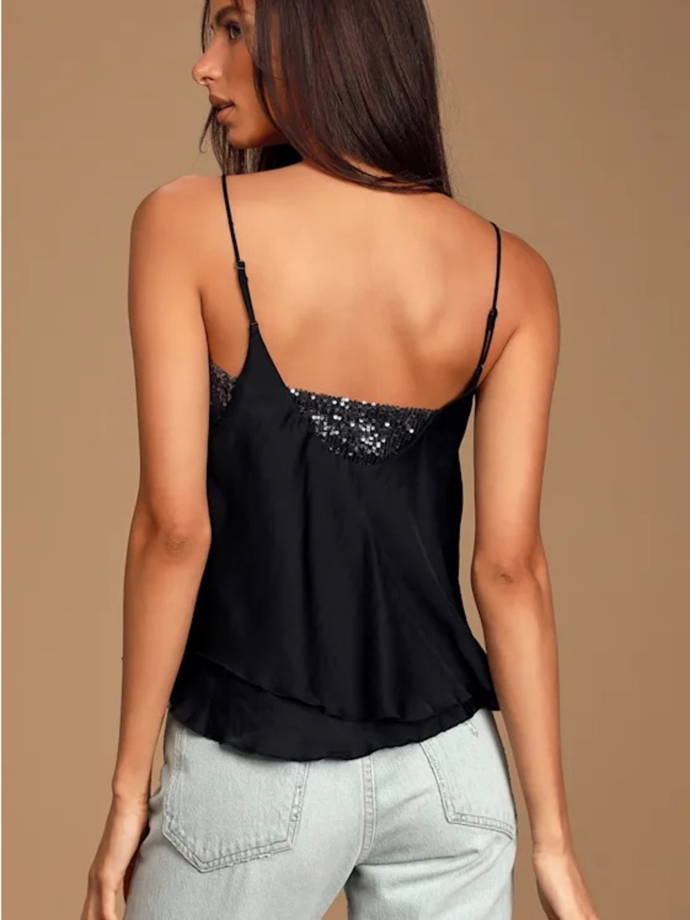 Free People Turn It On Black Sequin Trim Layered Cami Top - Picture 3 of 5